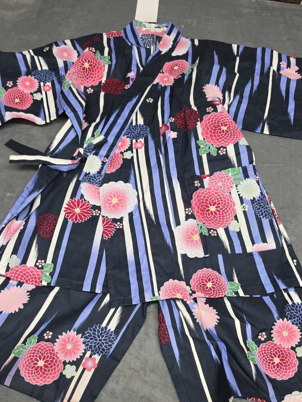 Women's Jinbei 2 Piece Navy Floral Stripe Wrap Loungewear Set L